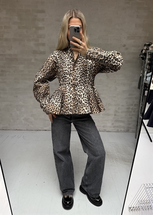 Printed stretch cotton peplum skjorte Almond Milk A1040058 Ganni 